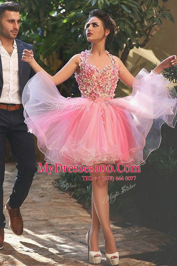 Edgy Halter Top Beading and Appliques Prom Party Dress Peach Zipper Sleeveless Mini Length