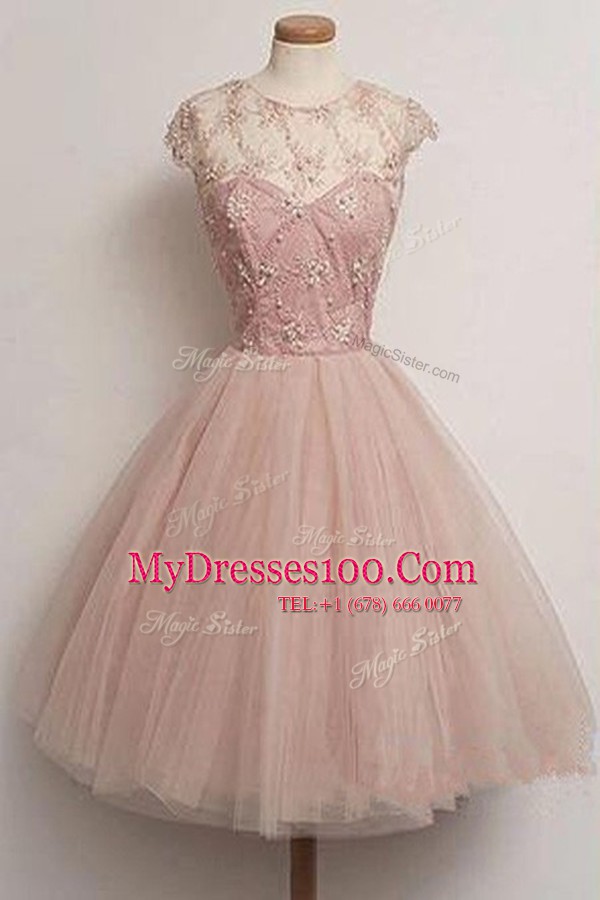 Lovely Scoop Pink Tulle Zipper Cap Sleeves Knee Length Appliques