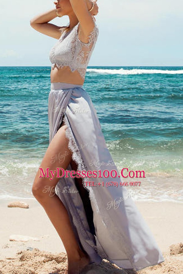 Glorious Scoop Silver Cap Sleeves Lace Tea Length Hoco Dress