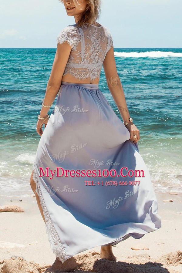Glorious Scoop Silver Cap Sleeves Lace Tea Length Hoco Dress