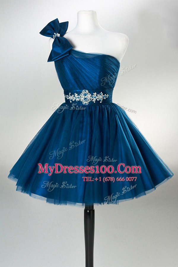 Elegant Teal Tulle Side Zipper One Shoulder Sleeveless Mini Length Prom Evening Gown Sashes ribbons and Ruching and Bowknot