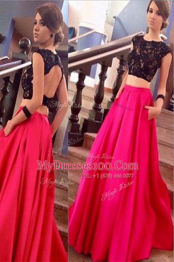 Scoop Pink And Black Prom Party Dress Satin Brush Train Short Sleeves Lace