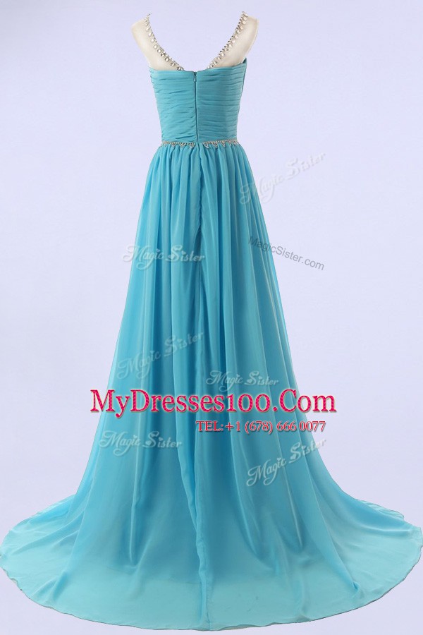 Fantastic Scoop Baby Blue Sleeveless With Train Beading Zipper Prom Dress