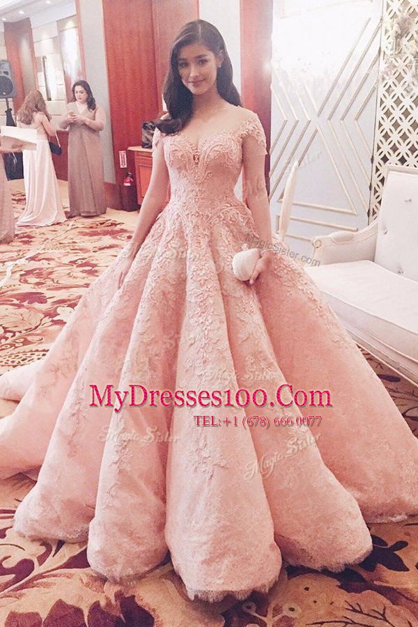 Suitable Pink A-line Lace Prom Dresses Zipper Tulle Short Sleeves With Train