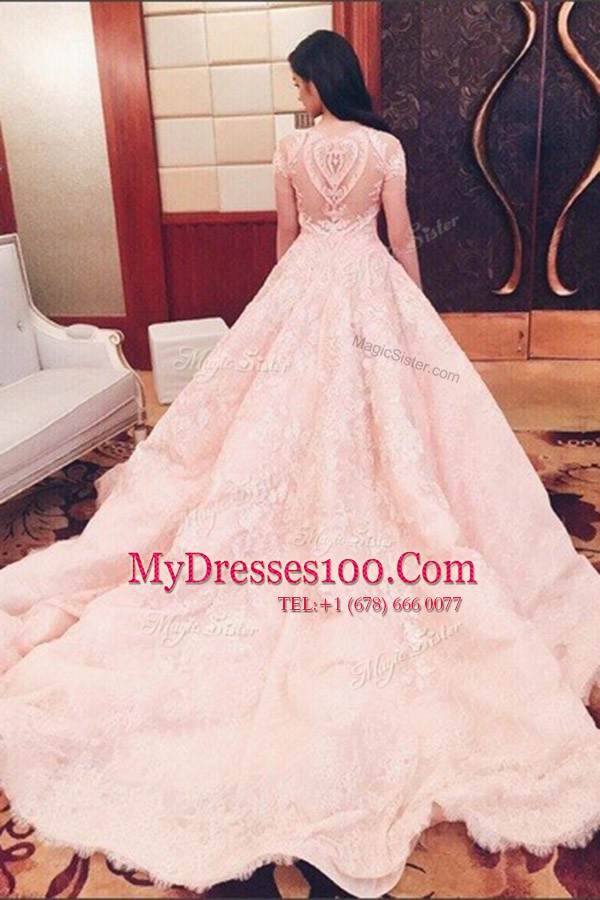Suitable Pink A-line Lace Prom Dresses Zipper Tulle Short Sleeves With Train