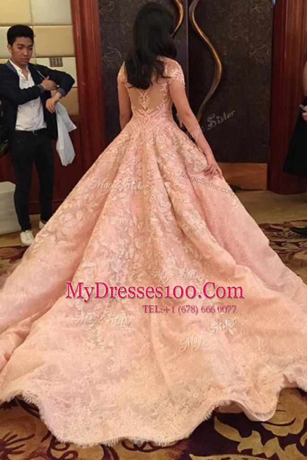 Suitable Pink A-line Lace Prom Dresses Zipper Tulle Short Sleeves With Train
