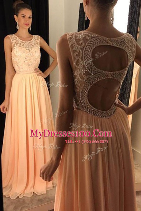 A-line Evening Dress Peach Scoop Chiffon Sleeveless Floor Length Backless