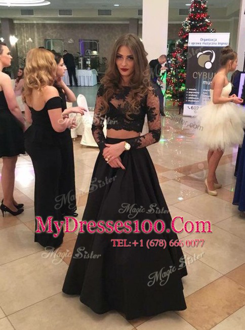 Elegant Scoop Black Long Sleeves Floor Length Lace Zipper Prom Dresses