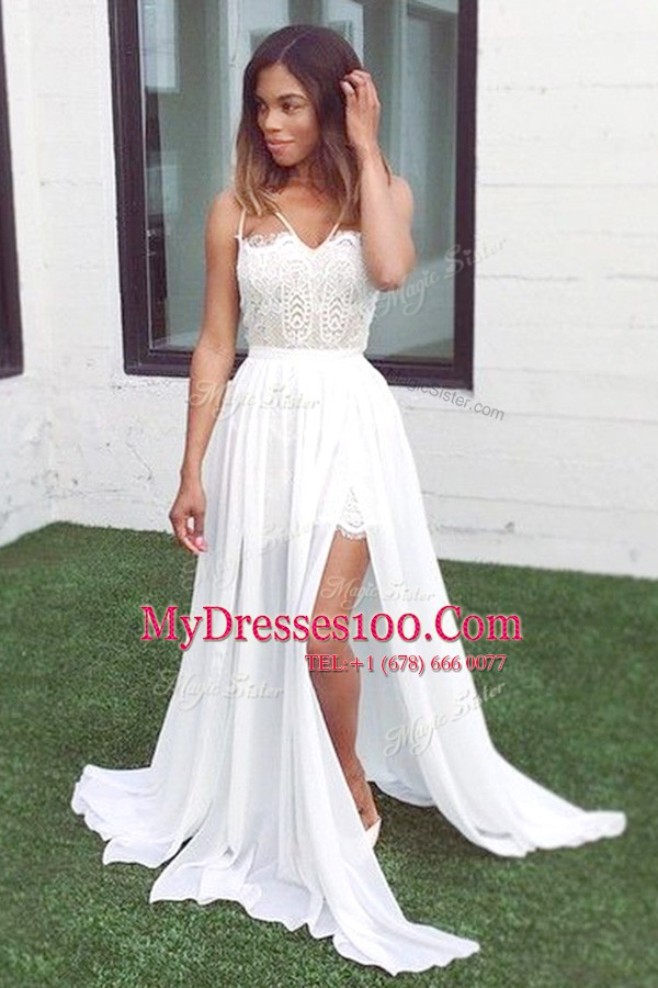 Sweep Train A-line Prom Dress White V-neck Chiffon Sleeveless Zipper
