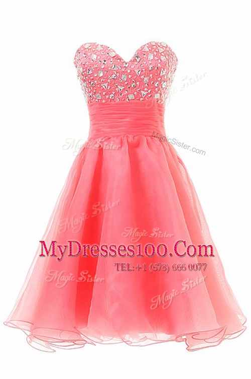 Watermelon Red A-line Beading Evening Party Dresses Zipper Chiffon Sleeveless Knee Length