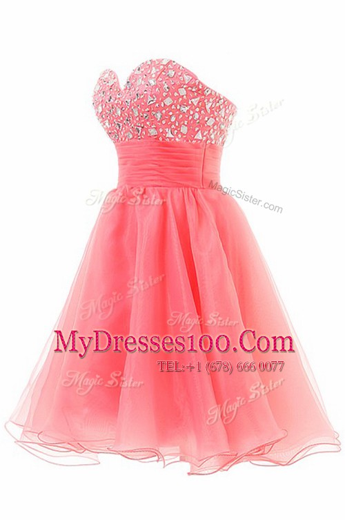 Watermelon Red A-line Beading Evening Party Dresses Zipper Chiffon Sleeveless Knee Length