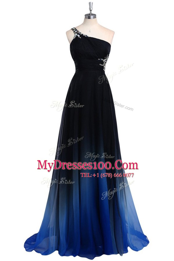 One Shoulder Floor Length Criss Cross Prom Party Dress Navy Blue for Prom and Party with Beading