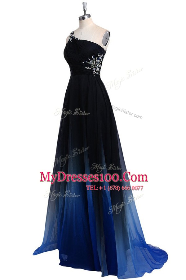 One Shoulder Floor Length Criss Cross Prom Party Dress Navy Blue for Prom and Party with Beading
