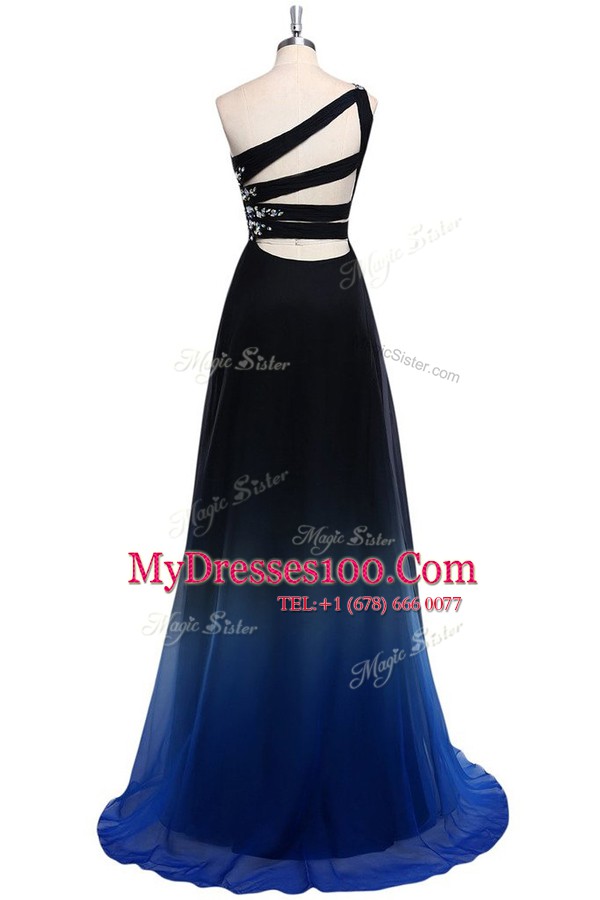 One Shoulder Floor Length Criss Cross Prom Party Dress Navy Blue for Prom and Party with Beading