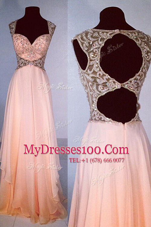 Peach A-line Beading Prom Evening Gown Zipper Chiffon Sleeveless Floor Length