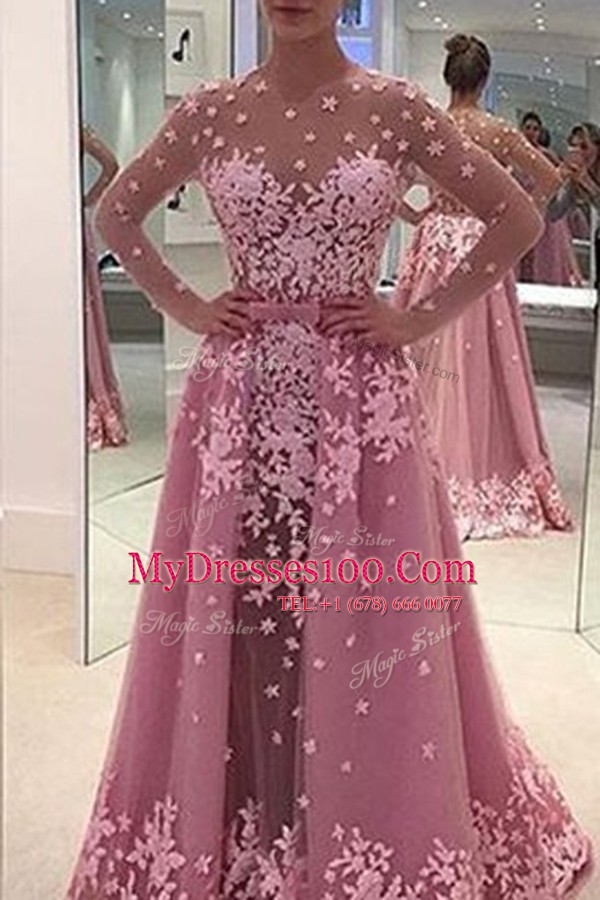 Lilac A-line Appliques Womens Evening Dresses Zipper Tulle Long Sleeves With Train