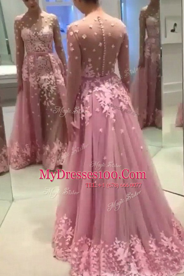 Lilac A-line Appliques Womens Evening Dresses Zipper Tulle Long Sleeves With Train