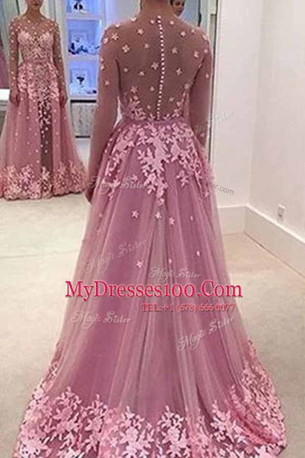 Lilac A-line Appliques Womens Evening Dresses Zipper Tulle Long Sleeves With Train
