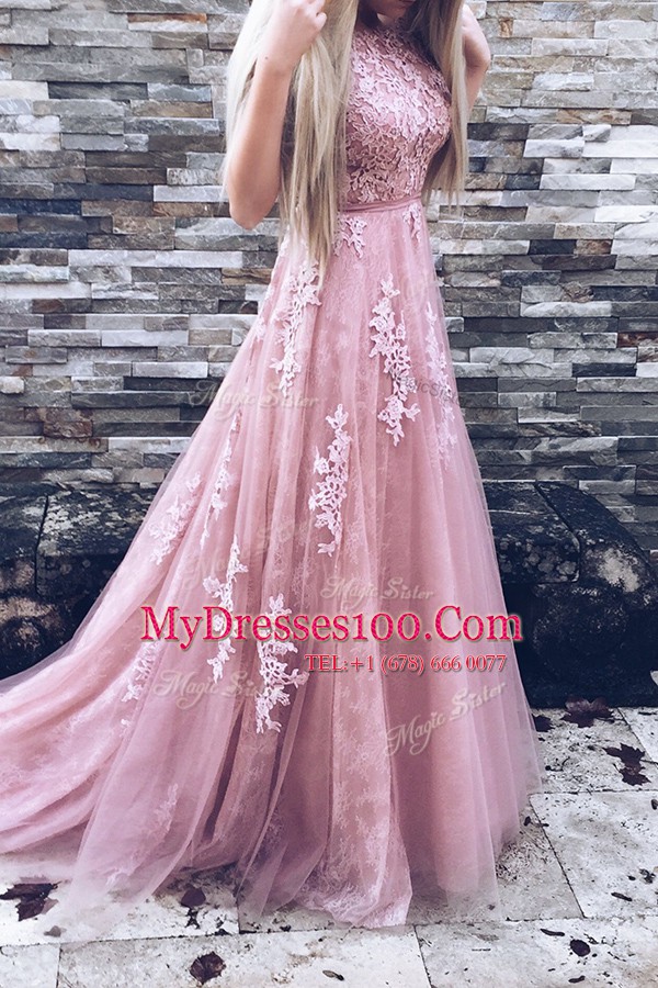 Luxury Pink A-line Scoop Sleeveless Tulle Sweep Train Zipper Appliques and Sashes ribbons Prom Party Dress