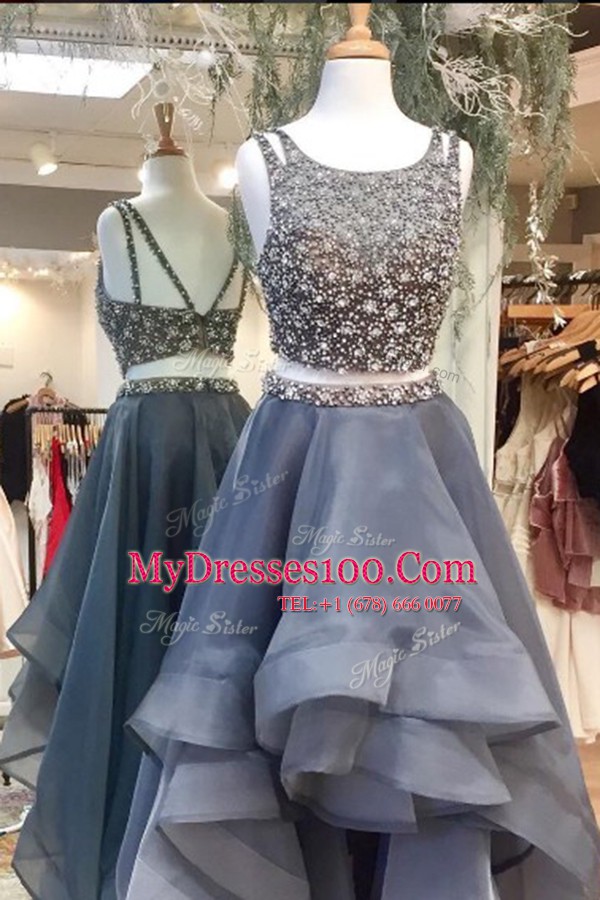 Inexpensive Scoop Grey Sleeveless Organza Zipper Military Ball Gowns for Prom
