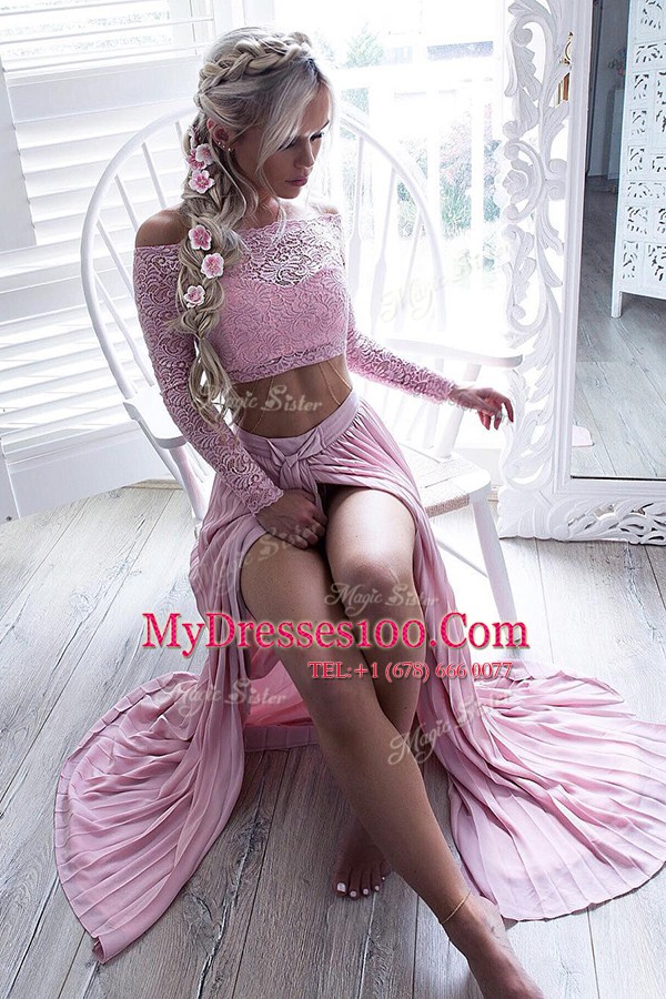 Best Selling Pink Chiffon Zipper Off The Shoulder Long Sleeves Floor Length Prom Gown Lace