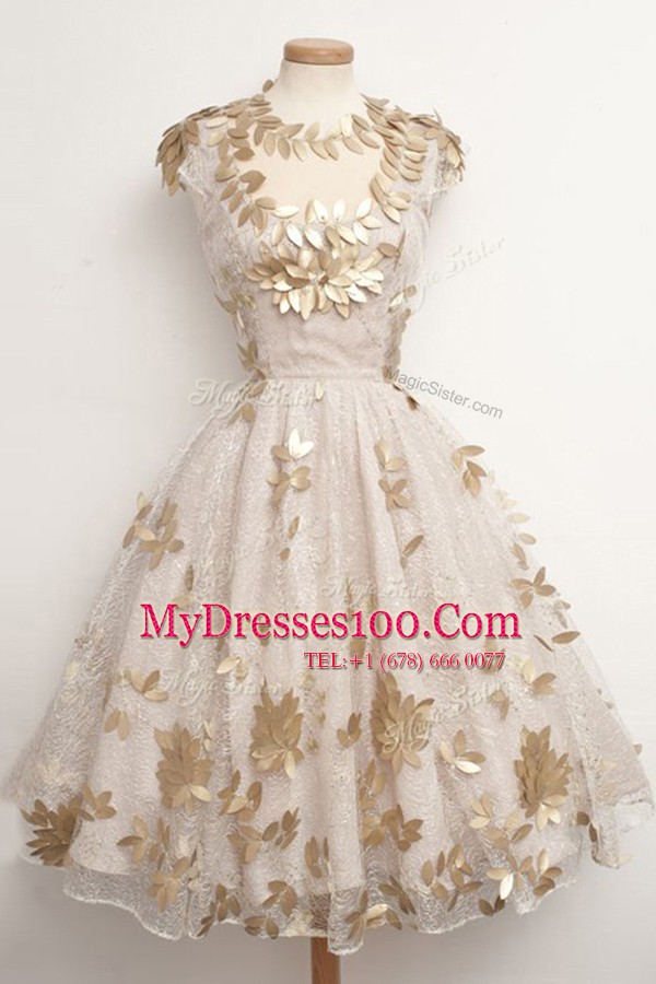Captivating Champagne Cap Sleeves Tulle Zipper Formal Dresses for Prom and Party