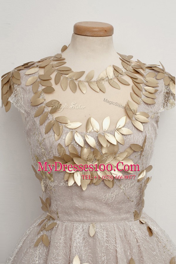 Captivating Champagne Cap Sleeves Tulle Zipper Formal Dresses for Prom and Party