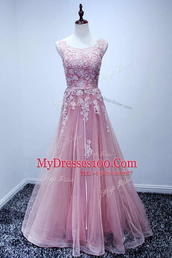 Customized Tulle Scoop Sleeveless Lace Up Appliques Homecoming Dress in Pink