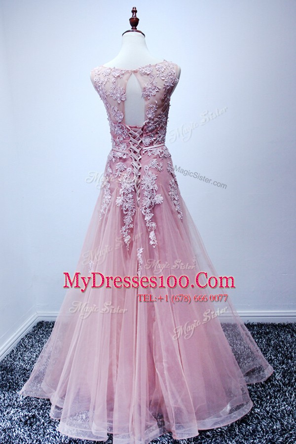 Customized Tulle Scoop Sleeveless Lace Up Appliques Homecoming Dress in Pink