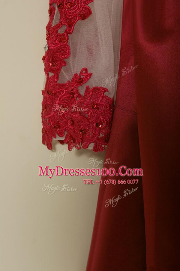 Superior Scoop Long Sleeves Party Dress Knee Length Appliques Wine Red Satin
