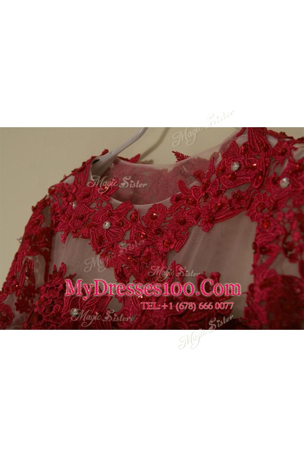 Superior Scoop Long Sleeves Party Dress Knee Length Appliques Wine Red Satin