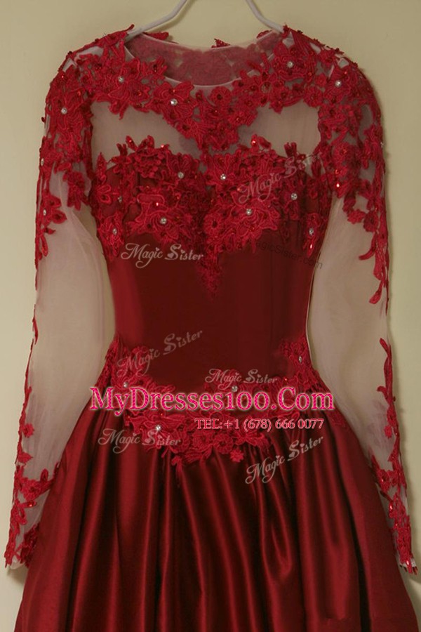 Superior Scoop Long Sleeves Party Dress Knee Length Appliques Wine Red Satin
