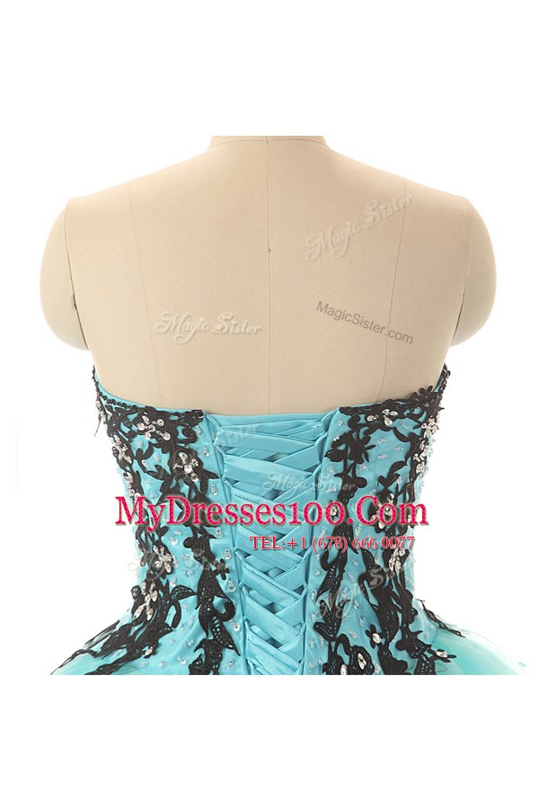 New Arrival Aqua Blue Tulle Lace Up Sweetheart Sleeveless Floor Length Formal Dresses Appliques