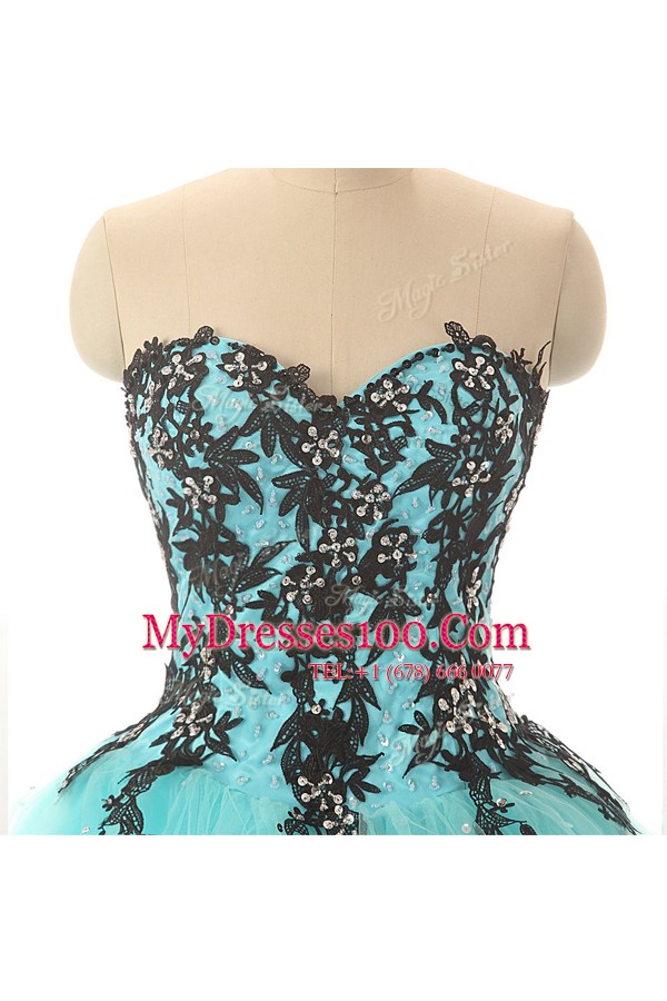 New Arrival Aqua Blue Tulle Lace Up Sweetheart Sleeveless Floor Length Formal Dresses Appliques