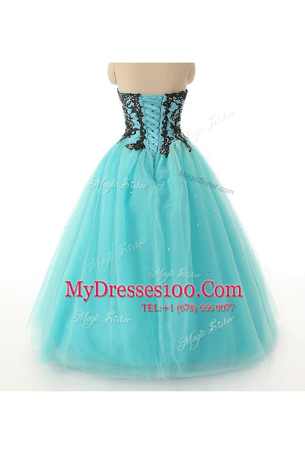 New Arrival Aqua Blue Tulle Lace Up Sweetheart Sleeveless Floor Length Formal Dresses Appliques