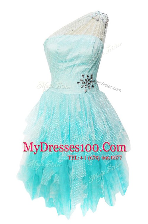 Artistic One Shoulder Sleeveless Tulle Knee Length Side Zipper Evening Outfits in Aqua Blue with Beading