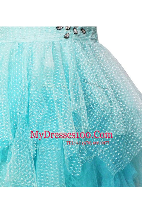 Artistic One Shoulder Sleeveless Tulle Knee Length Side Zipper Evening Outfits in Aqua Blue with Beading