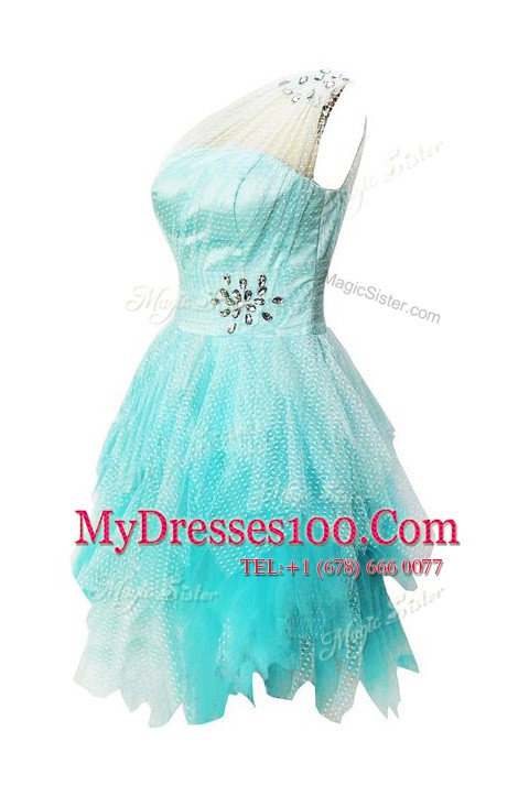 Artistic One Shoulder Sleeveless Tulle Knee Length Side Zipper Evening Outfits in Aqua Blue with Beading