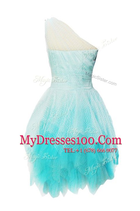 Artistic One Shoulder Sleeveless Tulle Knee Length Side Zipper Evening Outfits in Aqua Blue with Beading