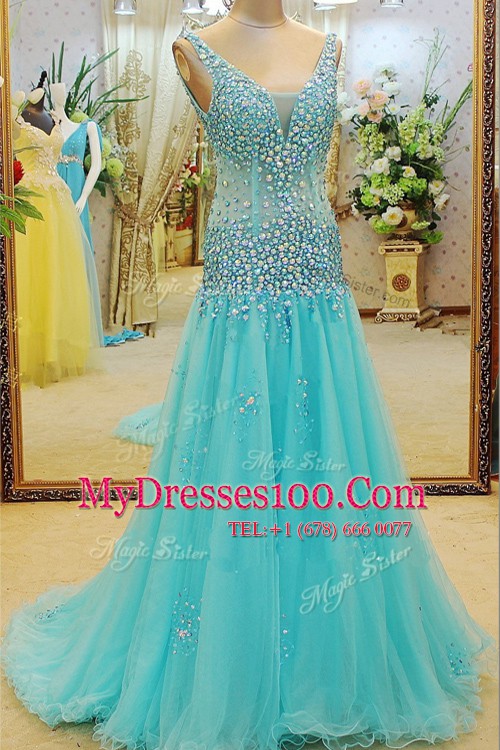 Cute Aqua Blue Evening Party Dresses Prom and Party and For with Beading V-neck Sleeveless Brush Train Zipper