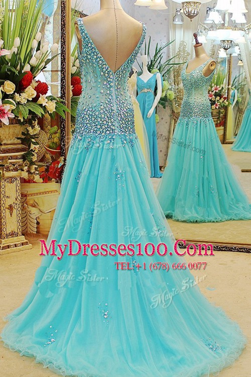 Cute Aqua Blue Evening Party Dresses Prom and Party and For with Beading V-neck Sleeveless Brush Train Zipper