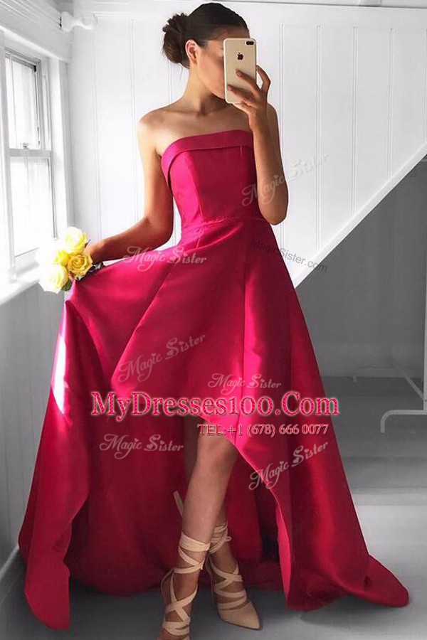 Elegant Asymmetrical Fuchsia Dress for Prom Satin Sleeveless Pleated