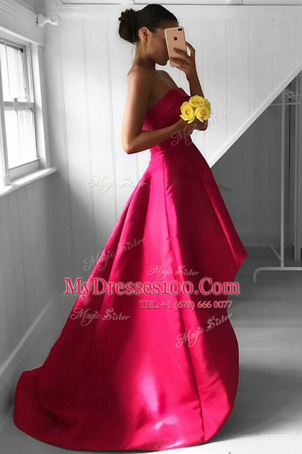 Elegant Asymmetrical Fuchsia Dress for Prom Satin Sleeveless Pleated