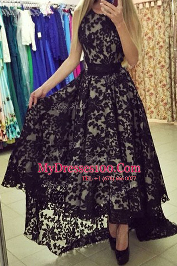 Luxury Scoop Sleeveless Zipper Dress for Prom Black Lace