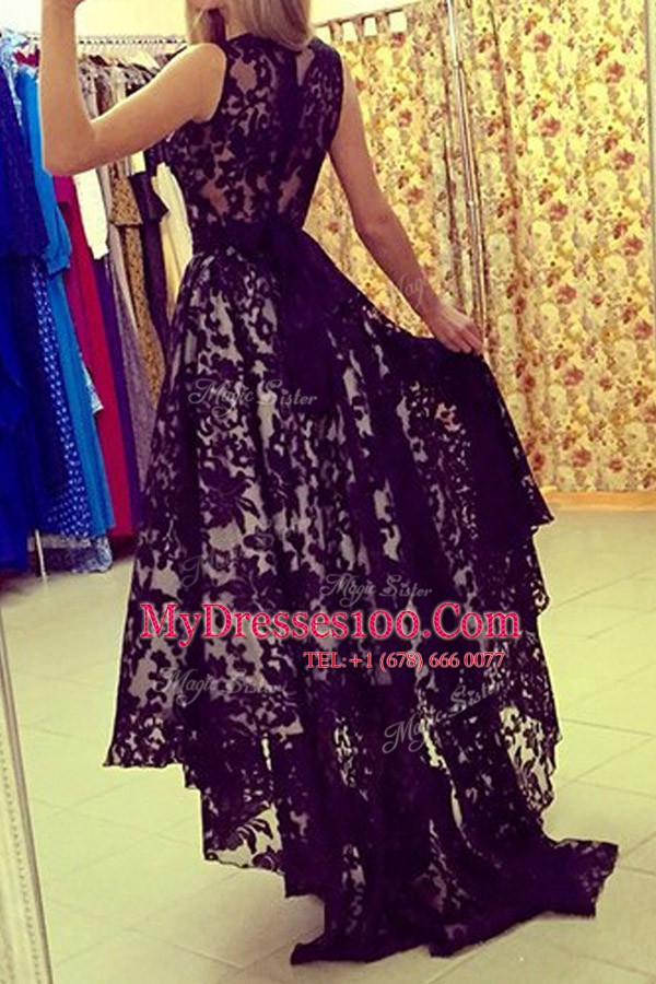 Luxury Scoop Sleeveless Zipper Dress for Prom Black Lace