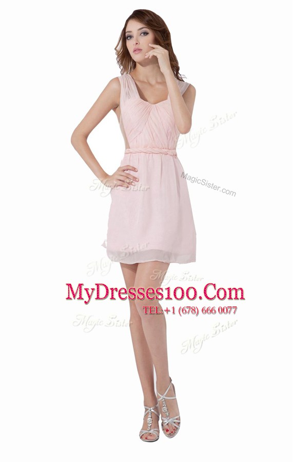 Knee Length Baby Pink Womens Party Dresses Chiffon Sleeveless Ruching