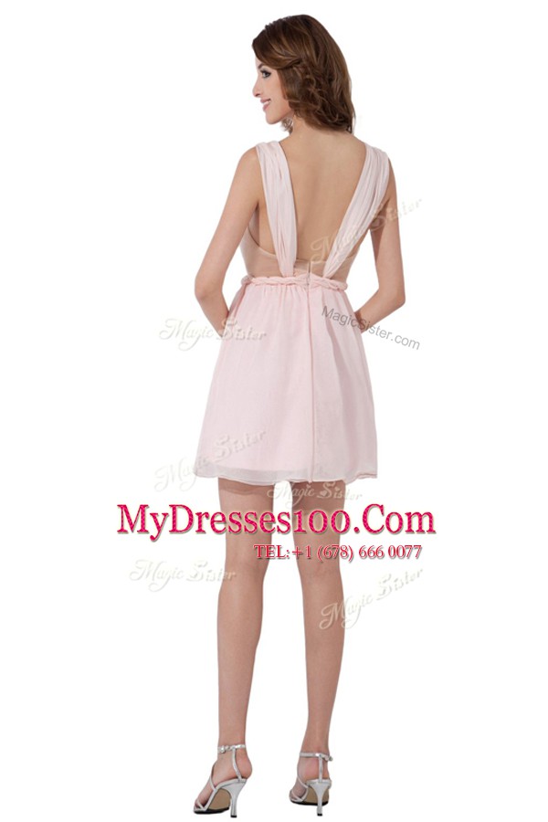 Knee Length Baby Pink Womens Party Dresses Chiffon Sleeveless Ruching