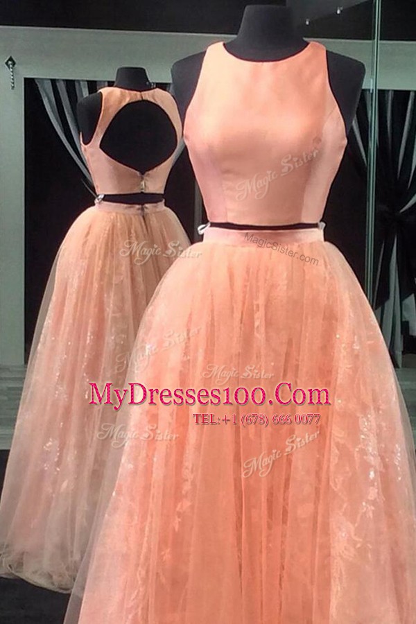 Tulle Scoop Sleeveless Backless Beading and Lace Prom Evening Gown in Peach