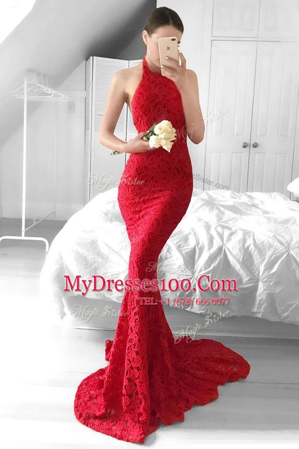 Halter Top Red Mermaid Lace Evening Dress Backless Lace Sleeveless