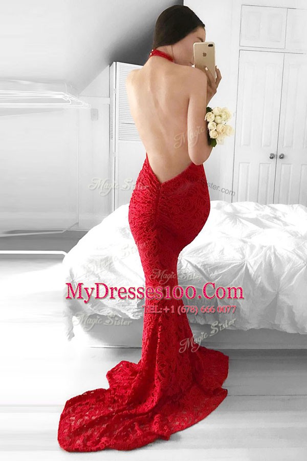 Halter Top Red Mermaid Lace Evening Dress Backless Lace Sleeveless